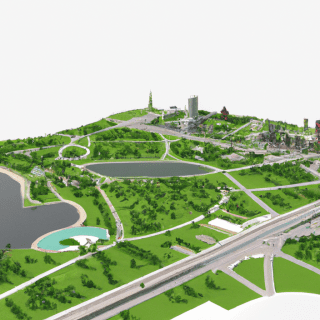model of modern town design, lake, roads, path, trees, for the web, 4k, high resolution